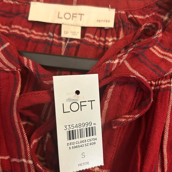 LOFT Plaid Tie Neck Puff Sleeve Top - Picture 6 of 8